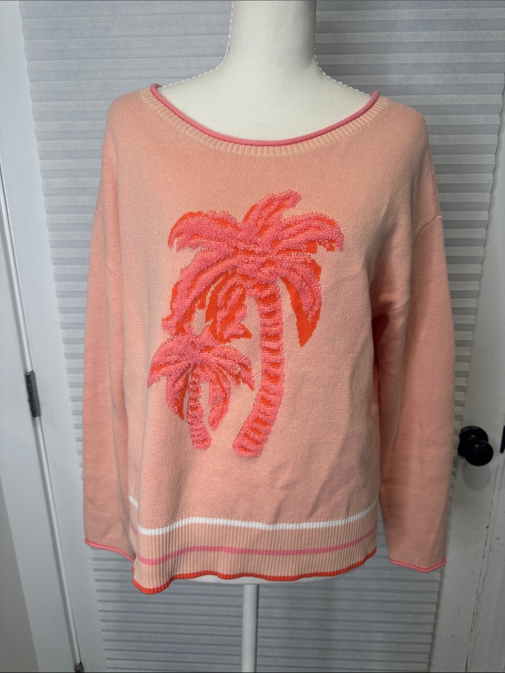 Talbots Peach Crewneck Sweater with Coral Palm Motif